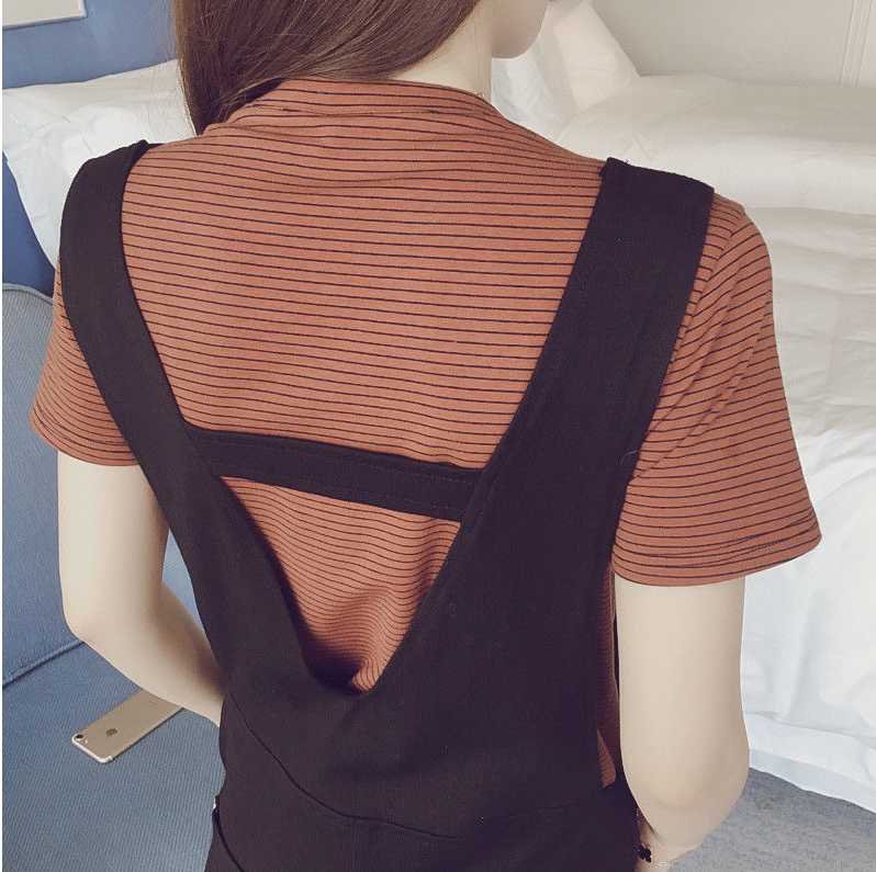 夏季新款韩版宽松减龄背带裤女小个子两件套装显瘦高腰连体裤 v领背带裤+白T恤 S