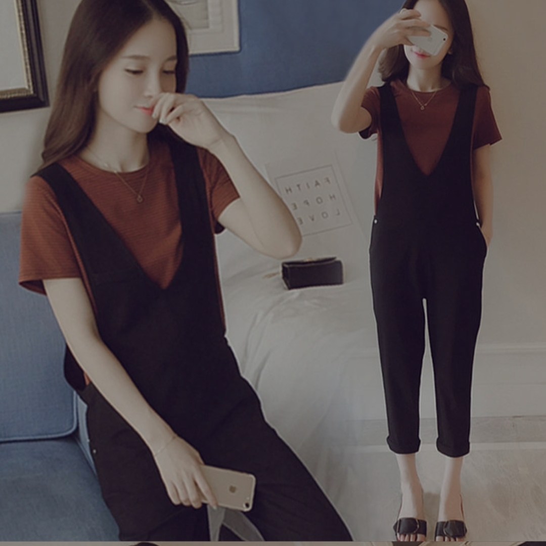 夏季新款韩版宽松减龄背带裤女小个子两件套装显瘦高腰连体裤 v领背带裤+白T恤 S