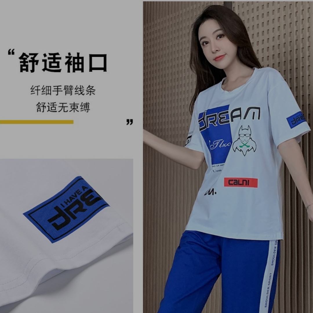 运动服套装女夏季新款时尚潮牌洋气短袖T恤女休闲九分裤中学生两件装 白衣蓝裤 白 S