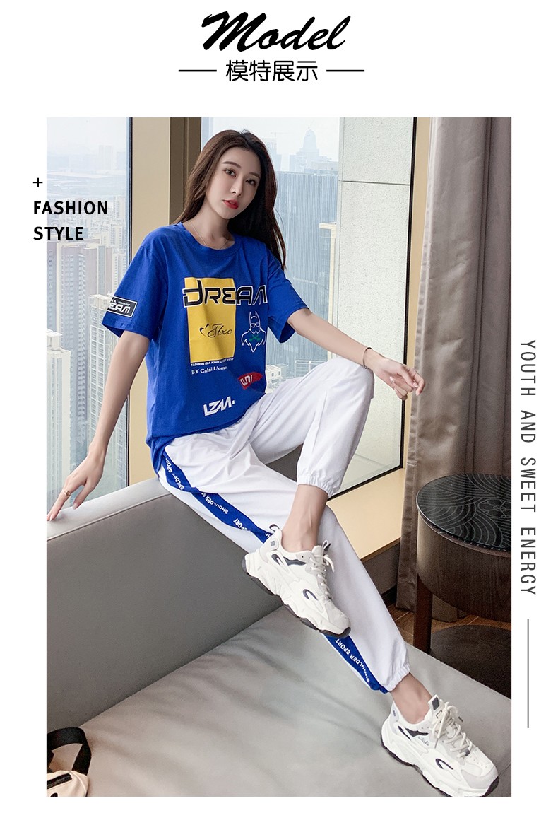 运动服套装女夏季新款时尚潮牌洋气短袖T恤女休闲九分裤中学生两件装 白衣蓝裤