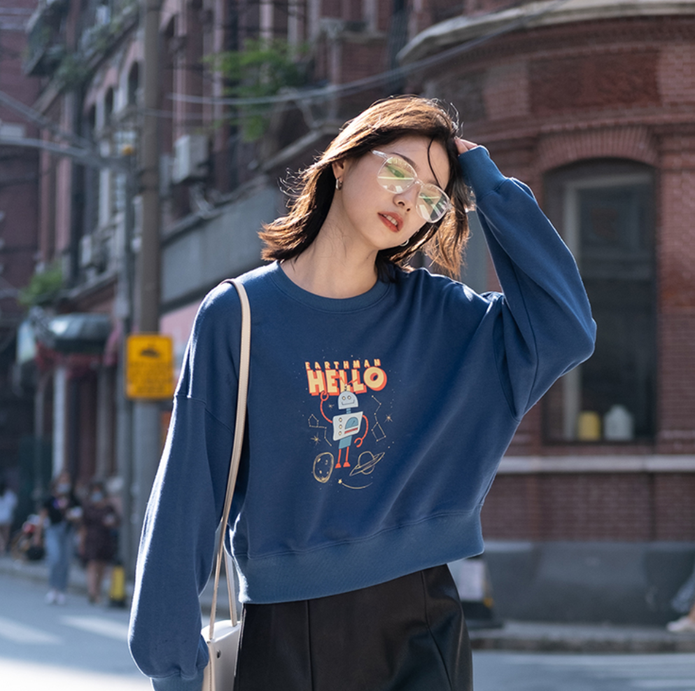 哈果超人 无帽短款卫衣女 2020年秋季薄款套头韩版蓝色上衣ins潮