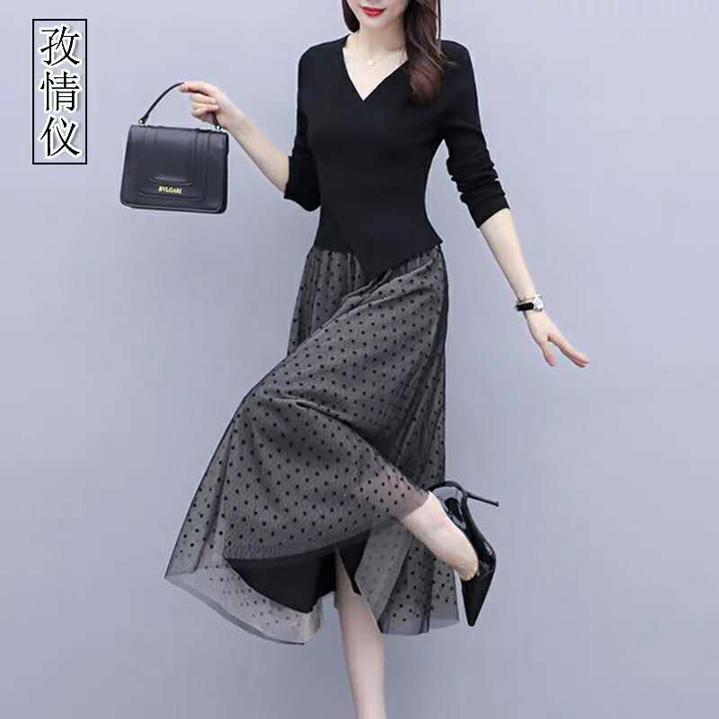 秋款女装2020年潮流妈妈遮肚子显瘦连衣裙气质减龄收腰拼接长裙子